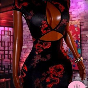 Elegant Black and Red Dragon Print Dress